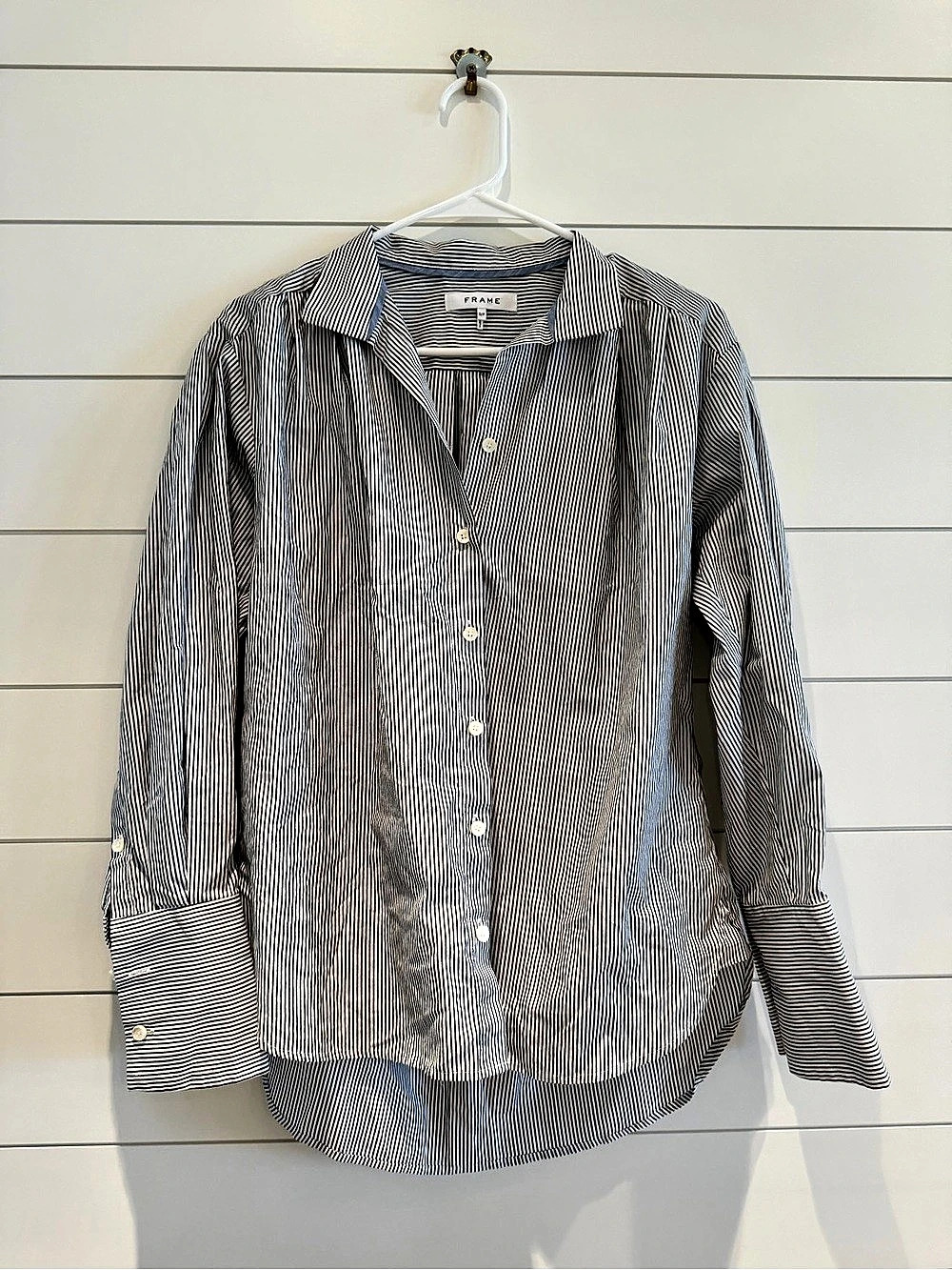 FRAME The Oversized Shirt Noir Multi Stripe Striped Cotton Shirt Small